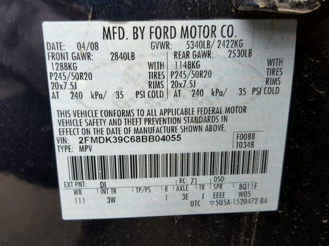 2FMDK39C68BB04055 - 2008 FORD EDGE LIMIT BLUE photo 10