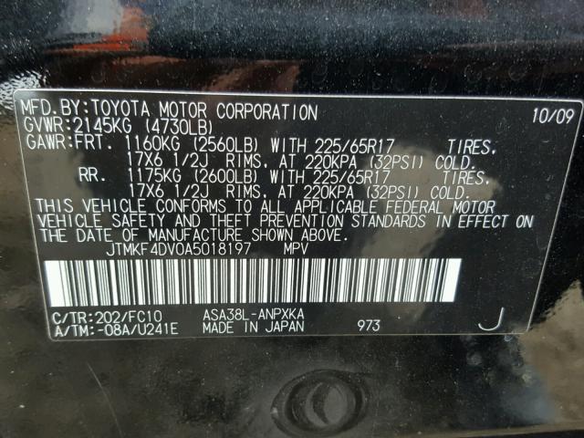 JTMKF4DV0A5018197 - 2010 TOYOTA RAV4 BLACK photo 10