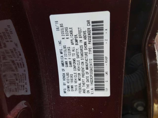 1HGCR2F55GA234772 - 2016 HONDA ACCORD SPO BURGUNDY photo 10