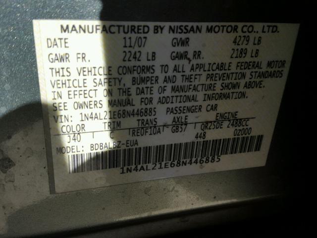 1N4AL21E68N446885 - 2008 NISSAN ALTIMA 2.5 GREEN photo 10