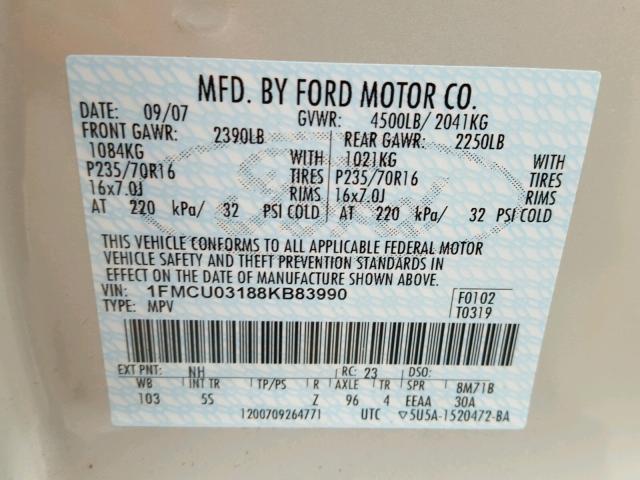 1FMCU03188KB83990 - 2008 FORD ESCAPE XLT BEIGE photo 10