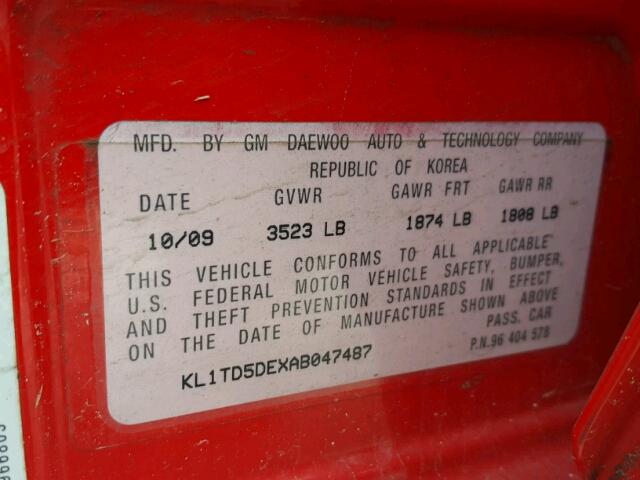 KL1TD5DEXAB047487 - 2010 CHEVROLET AVEO LS 红色 照片 10