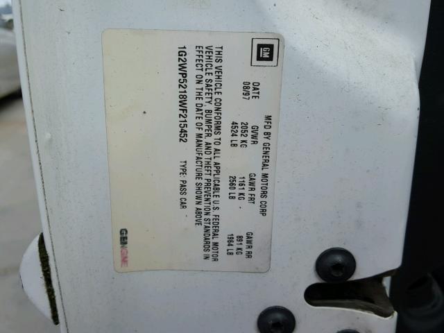 1G2WP5218WF215452 - 1998 PONTIAC GRAND PRIX WHITE photo 10