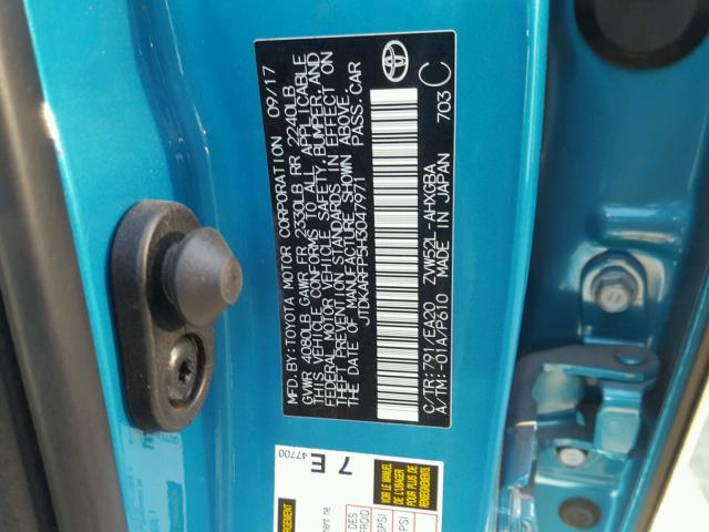 JTDKARFP5H3047971 - 2017 TOYOTA PRIUS PRIM ლურჯი ფოტო 10