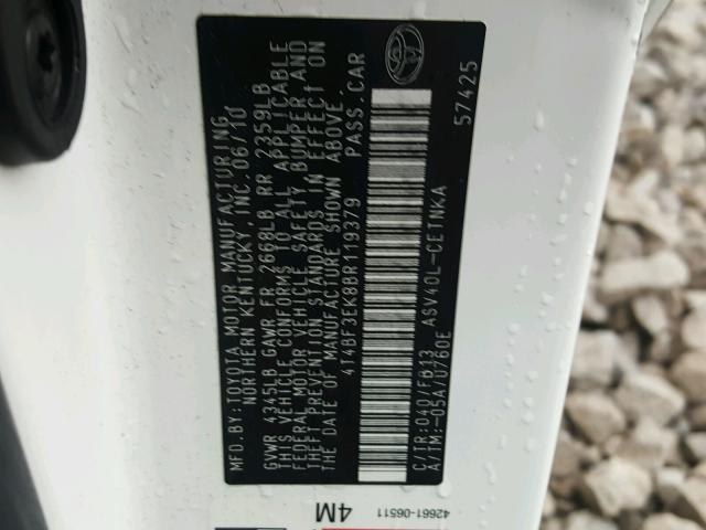 4T4BF3EK8BR119379 - 2011 TOYOTA CAMRY BASE WHITE photo 10