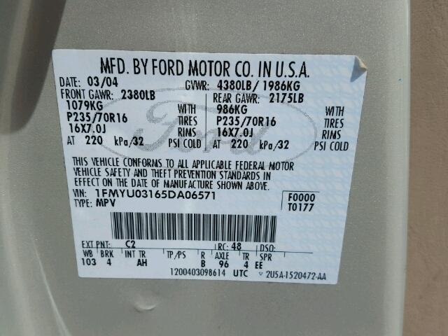 1FMYU03165DA06571 - 2005 FORD ESCAPE GRAY photo 10