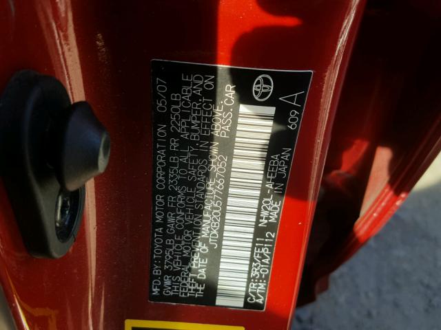 JTDKB20U577667052 - 2007 TOYOTA PRIUS RED photo 10