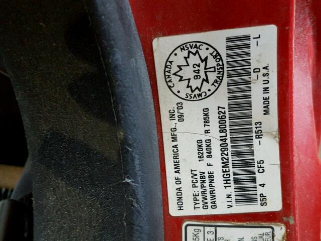 1HGEM22904L800627 - 2004 HONDA CIVIC EX წითელი ფოტო 10