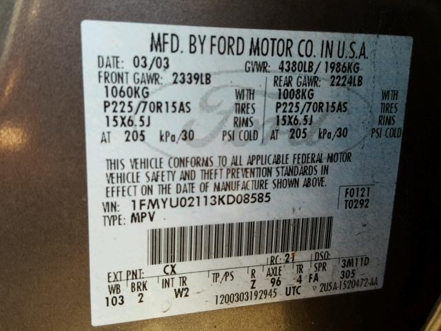 1FMYU02113KD08585 - 2003 FORD ESCAPE XLS GRAY photo 10