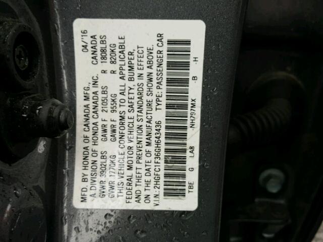 2HGFC1F36GH643436 - 2016 HONDA CIVIC EX ნაცრისფერი ფოტო 10