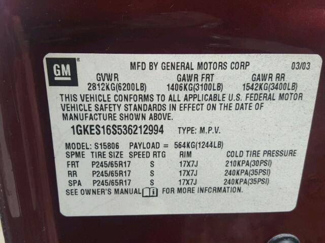 1GKES16S536212994 - 2003 GMC ENVOY XL MAROON photo 10