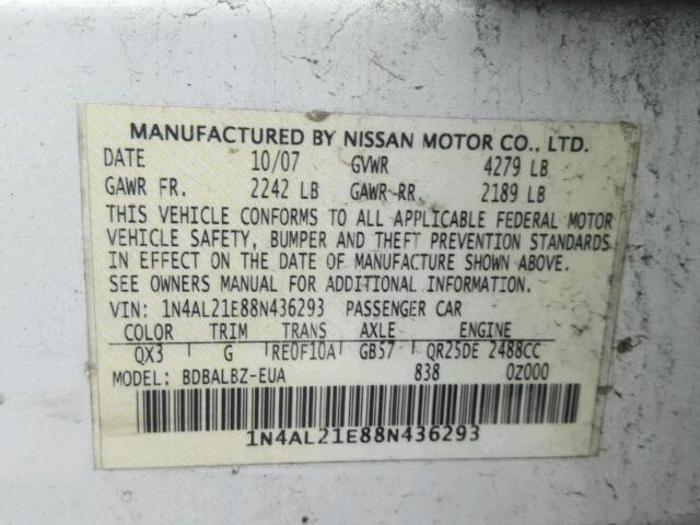 1N4AL21E88N436293 - 2008 NISSAN ALTIMA 2.5 WHITE photo 10