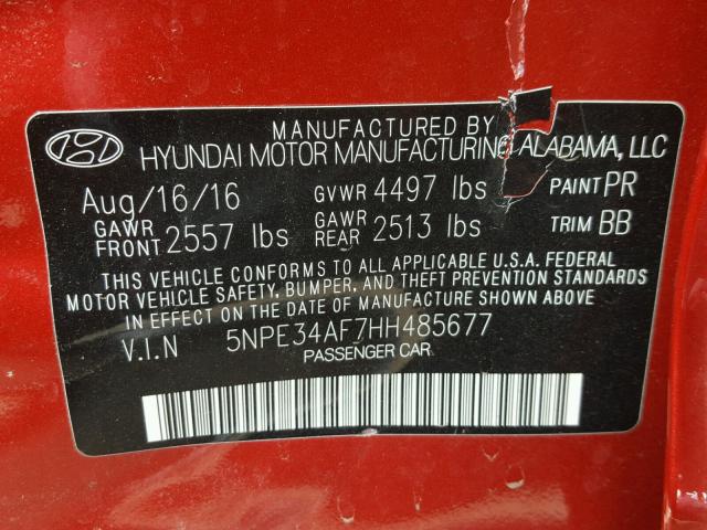 5NPE34AF7HH485677 - 2017 HYUNDAI SONATA SPO RED photo 10