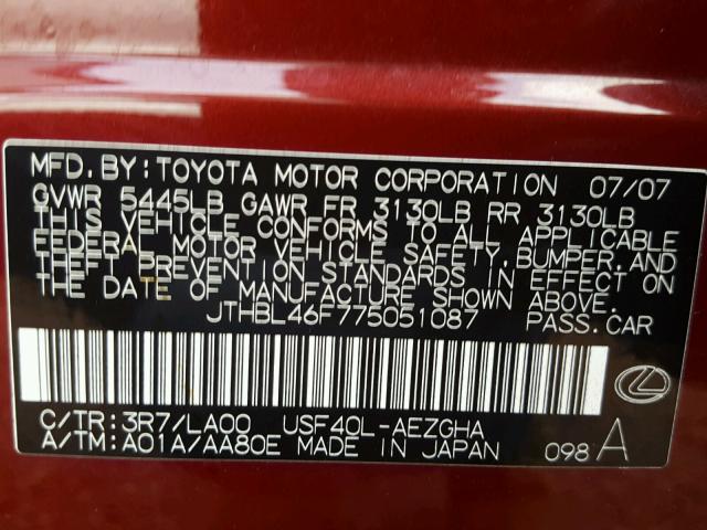 JTHBL46F775051087 - 2007 LEXUS LS 460 RED photo 10