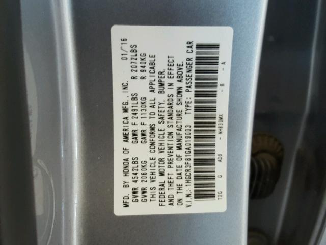 1HGCR3F81GA019003 - 2016 HONDA ACCORD EXL SILVER photo 10