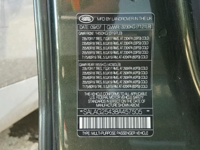 SALAG25438A457505 - 2008 LAND ROVER LR3 HSE GREEN photo 10