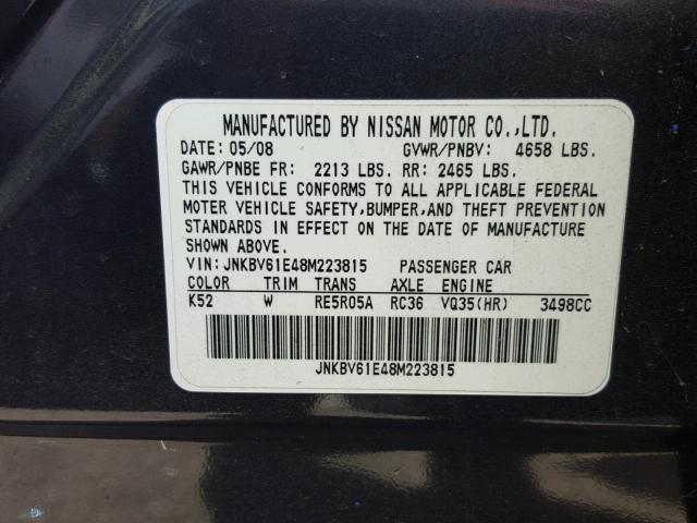 JNKBV61E48M223815 - 2008 INFINITI G35 GRAY photo 10