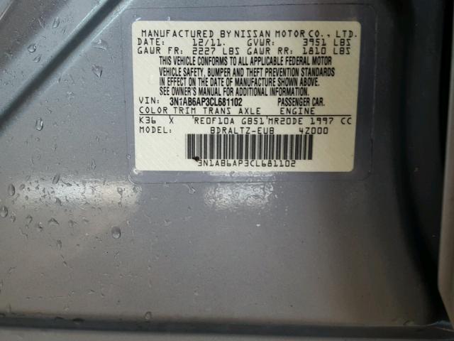 3N1AB6AP3CL681102 - 2012 NISSAN SENTRA 2.0 GRAY photo 10