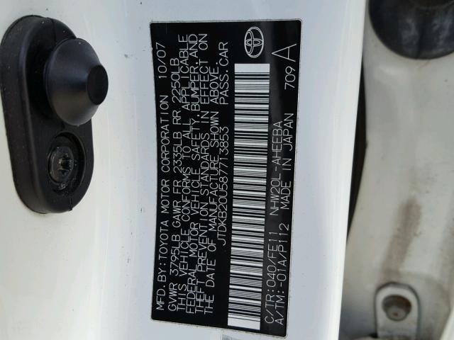 JTDKB20U587713853 - 2008 TOYOTA PRIUS WHITE photo 10