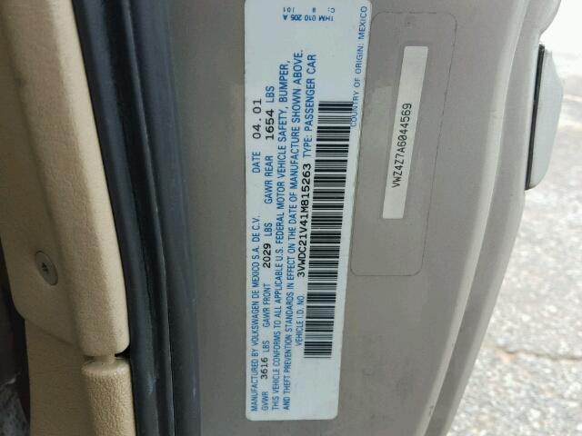 3VWDC21V41M815263 - 2001 VOLKSWAGEN CABRIO GLX 银色 照片 10