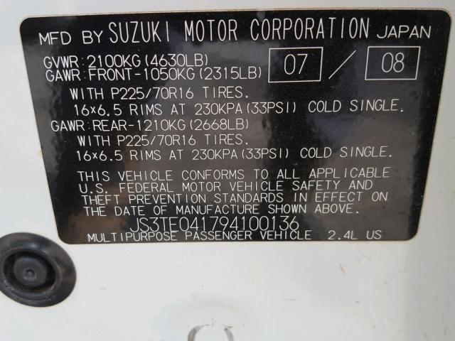 JS3TE041794100136 - 2009 SUZUKI GRAND VITA WHITE photo 10