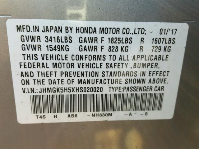 JHMGK5H5XHS020020 - 2017 HONDA FIT LX GRAY photo 10