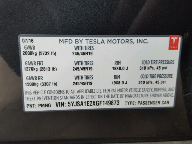 5YJSA1E2XGF149873 - 2016 TESLA MODEL S GRAY photo 10