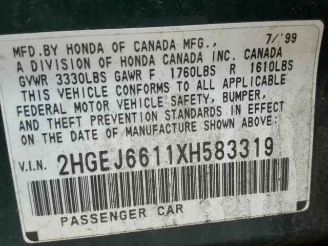 2HGEJ6611XH583319 - 1999 HONDA CIVIC BASE GREEN photo 10