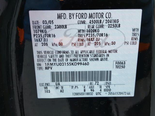 1FMYU03155KD99460 - 2005 FORD ESCAPE XLT BLACK photo 10