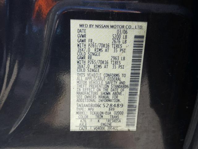 5N1AN08U06C528489 - 2006 NISSAN XTERRA OFF CHARCOAL photo 10