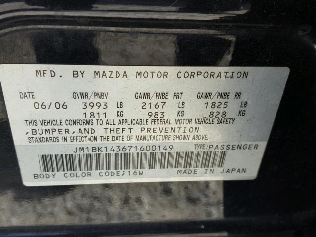 JM1BK143671600149 - 2007 MAZDA 3 HATCHBAC BLACK photo 10