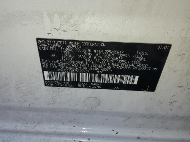 JTMBD31V875122739 - 2007 TOYOTA RAV4 LIMIT WHITE photo 10