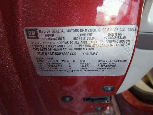 3GNBAADB3AS541228 - 2010 CHEVROLET HHR LS 红色 照片 10