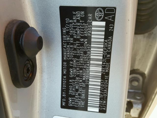 2T1BU4EE4AC528317 - 2010 TOYOTA COROLLA BA SILVER photo 10