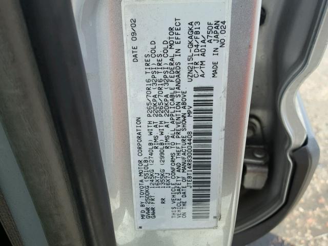 JTEBT14R830004408 - 2003 TOYOTA 4RUNNER SR SILVER photo 10