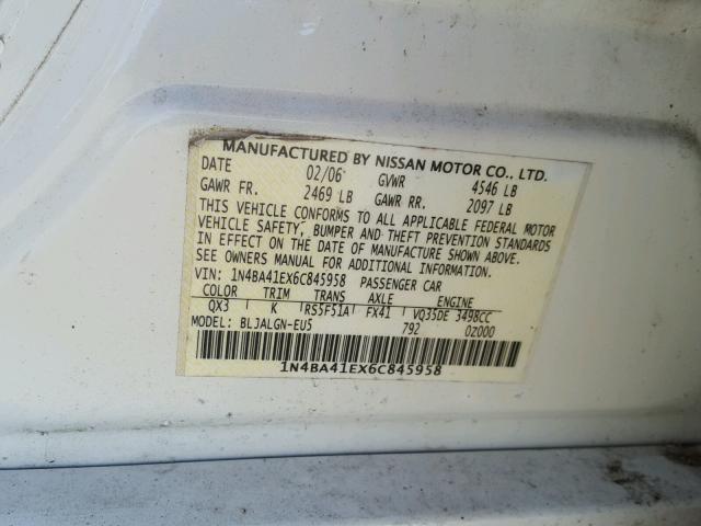 1N4BA41EX6C845958 - 2006 NISSAN MAXIMA SE WHITE photo 10