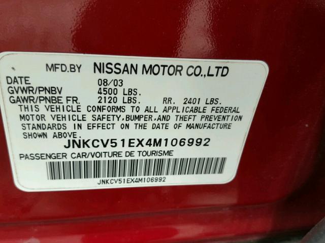 JNKCV51EX4M106992 - 2004 INFINITI G35 RED photo 10