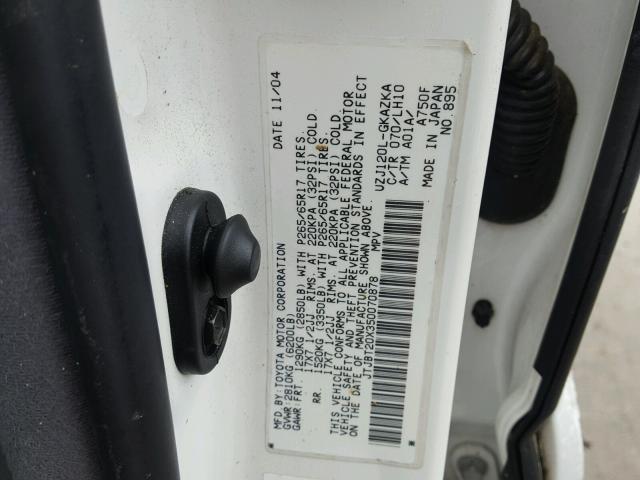 JTJBT20X350070878 - 2005 LEXUS GX 470 WHITE photo 10