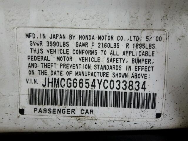 JHMCG6654YC033834 - 2000 HONDA ACCORD LX WHITE photo 10