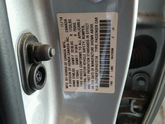 2HGFB2F53FH512134 - 2015 HONDA CIVIC LX SILVER photo 10