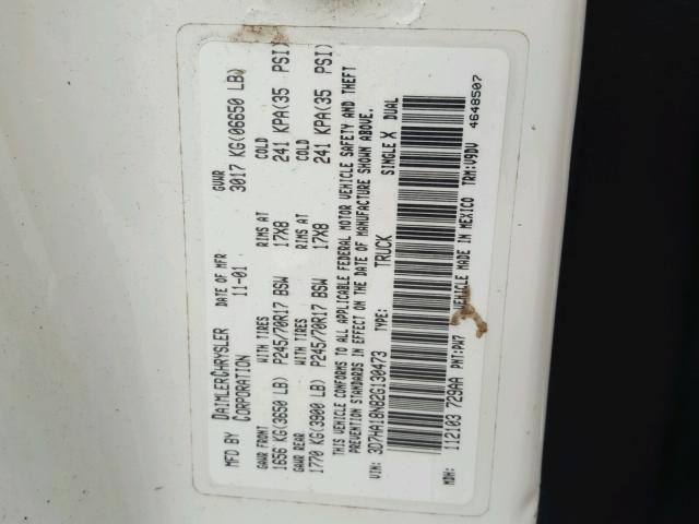 3D7HA18N82G130473 - 2002 DODGE RAM 1500 WHITE photo 10