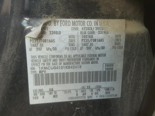 1FMCU04101KB42418 - 2001 FORD ESCAPE XLT BLACK photo 10