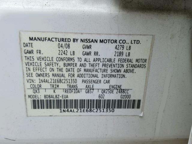 1N4AL21E68C251350 - 2008 NISSAN ALTIMA 2.5 WHITE photo 10