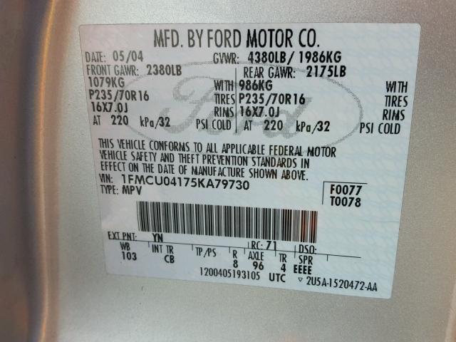 1FMCU04175KA79730 - 2005 FORD ESCAPE LIM SILVER photo 10