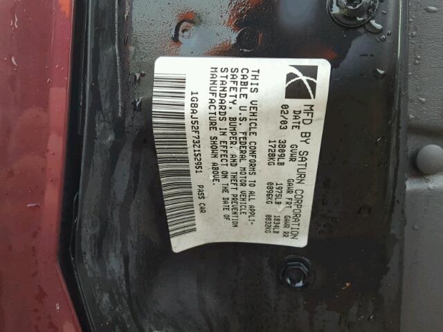 1G8AJ52F73Z152951 - 2003 SATURN ION LEVEL 勃艮第红 照片 10