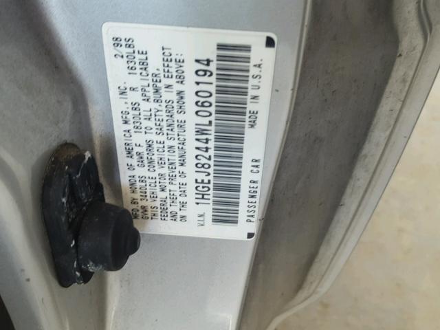 1HGEJ8244WL060194 - 1998 HONDA CIVIC EX 银色 照片 10