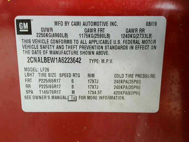 2CNALBEW1A6223642 - 2010 CHEVROLET EQUINOX LS RED photo 10