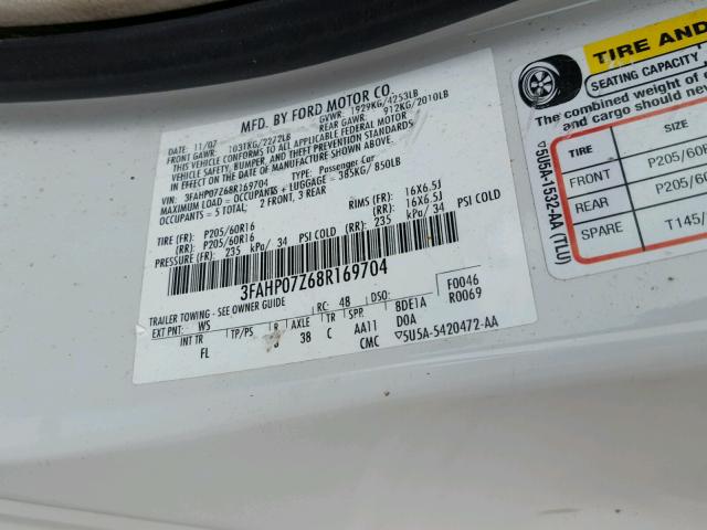 3FAHP07Z68R169704 - 2008 FORD FUSION SE WHITE photo 10