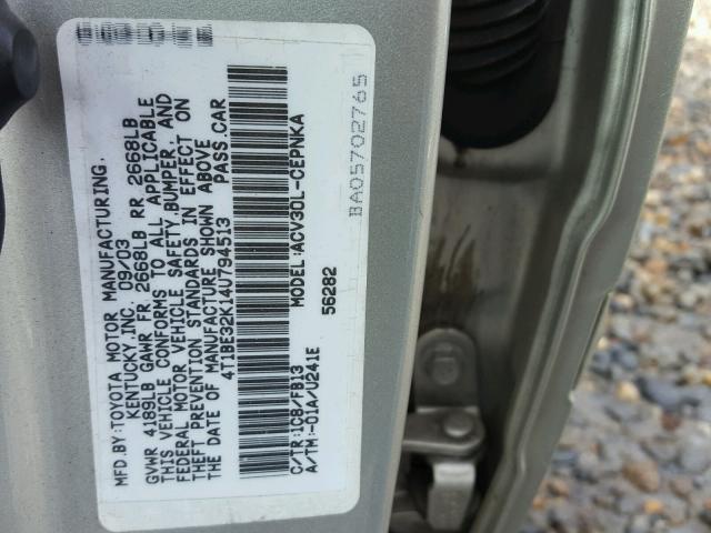 4T1BE32K14U794513 - 2004 TOYOTA CAMRY LE SILVER photo 10