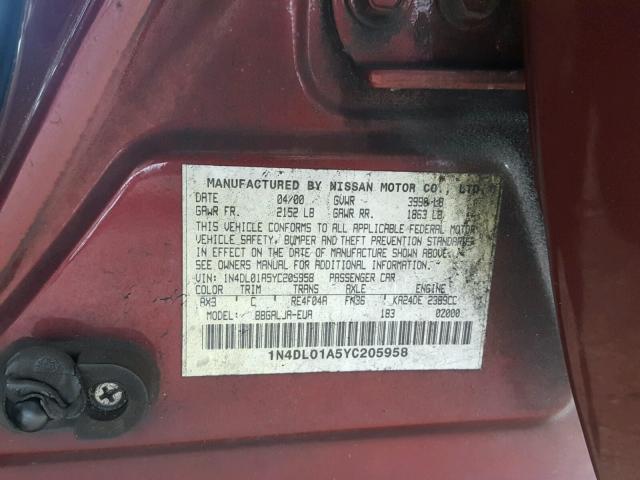 1N4DL01A5YC205958 - 2000 NISSAN ALTIMA XE MAROON photo 10